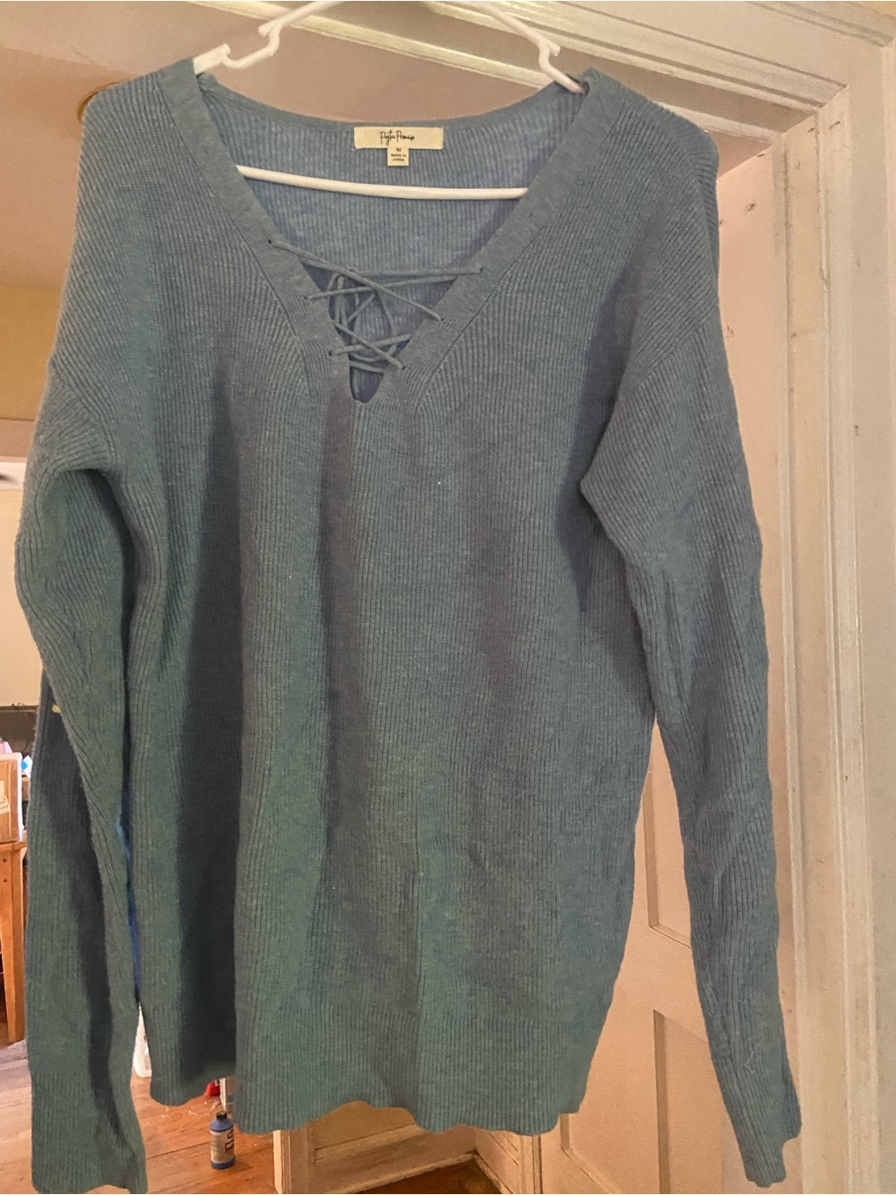 Cozy Lace-Up V-Neck Sweater in Dusty Teal